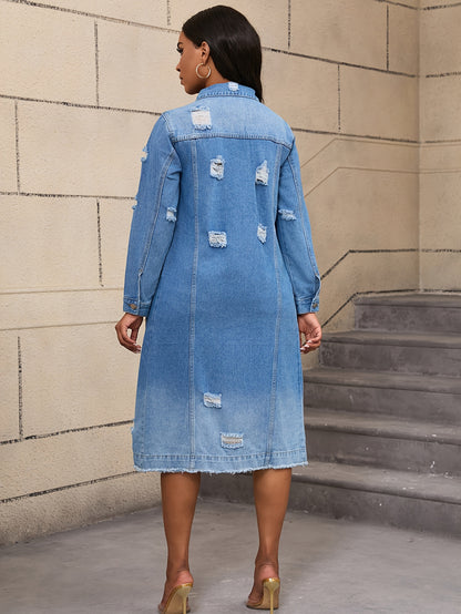 Long Ripped Denim Jacket with Real Pockets, Casual Windbreaker