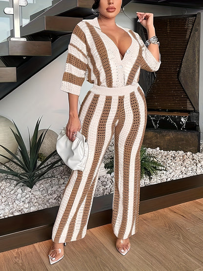 Casual Striped Eyelet Pantsuits, Button Front 3/4 Sleeve Loose Top & Wide Leg Pants Outfits, Women's Clothing