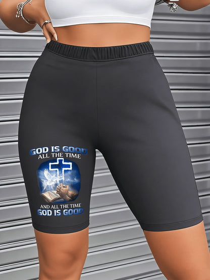 Women's Christian Leggings "God Is Good Forever" with Cross Pattern- Non-See-Through Religious Pants, Soft Stretch Fabric Suitable for,, Casual Wear- Faith S Shorts, Tops, Inspirational Clothing, Breathable Materia