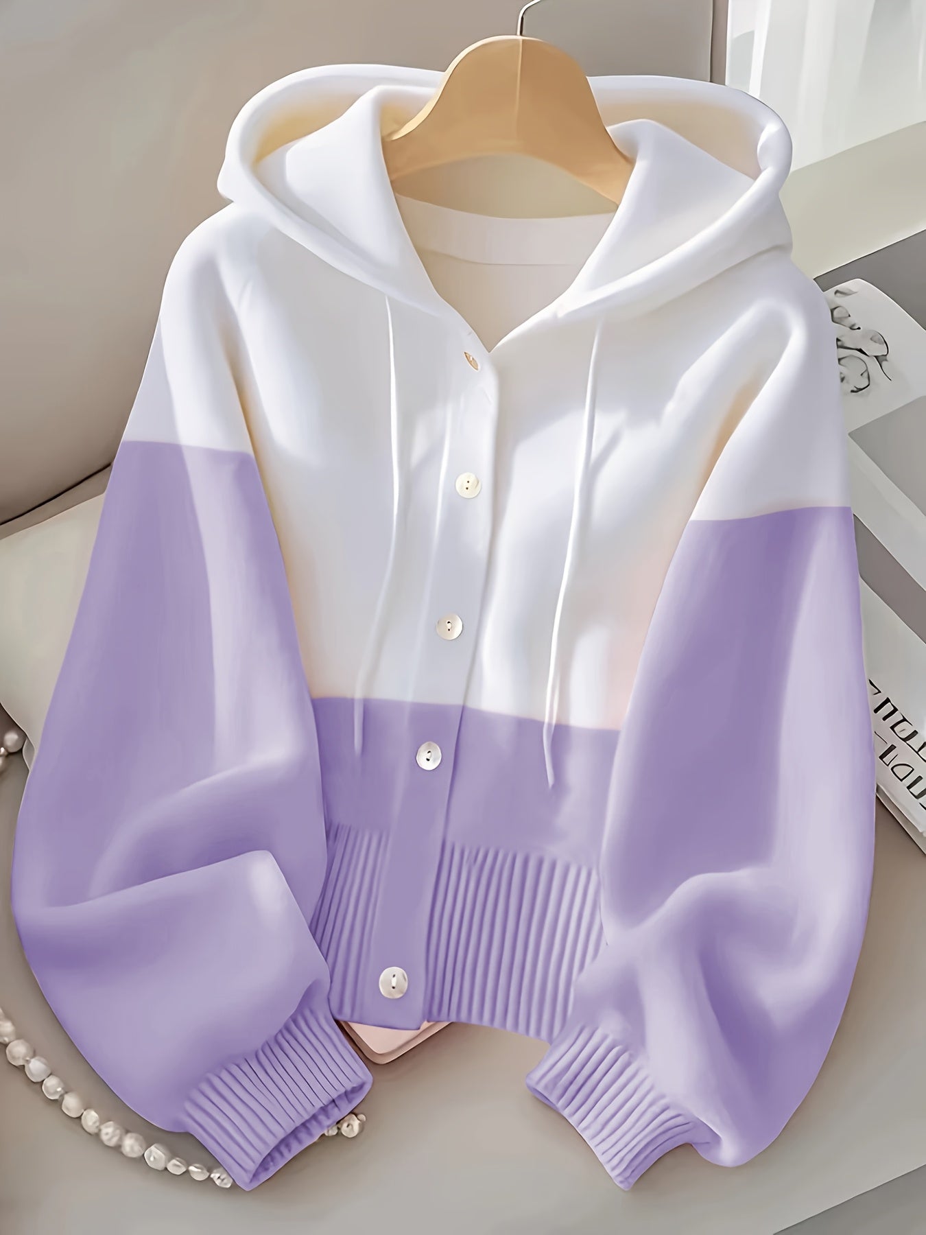 Plus Size - Fresh Pink & White Contrast Hooded Cardigan, Cozy Long Sleeve Cardigan with Button Details, Perfect for Fall/Winter