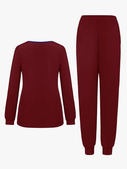 2pcs Women's V-Neck Matte Suit with Long Sleeve Stretch S Uniform Work Clothes Washable Pockets Breathable Elastic Top And Waist Cord Pocket Pants Set