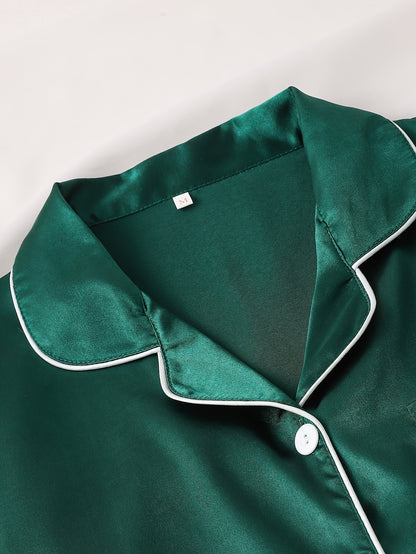 Solid Satin Pajama Set, Casual Short Sleeve Buttons Lapel Top & Shorts, Women'S Sleepwear