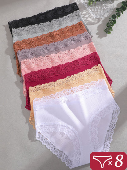 8 Pack Women's Underwear - High Waisted Briefs with Lace Trim, Soft Ribbed Triangle Panties, Non-Sheer Full Coverage Suitable for Casual Attire, Hand Washable Solid Color High-Rise Underpants