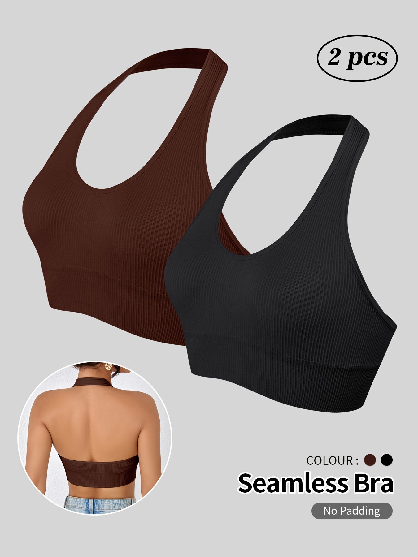 Set of 2 NADIA GO Women'S Seamless Sports Bras - Comfortable And Breathable Tops for Yoga And Workouts, Featuring a Racerback Design with Side Stripes, Available in Light Gray And Black, Sleeveless for Gym Activities, Running, And Pilates