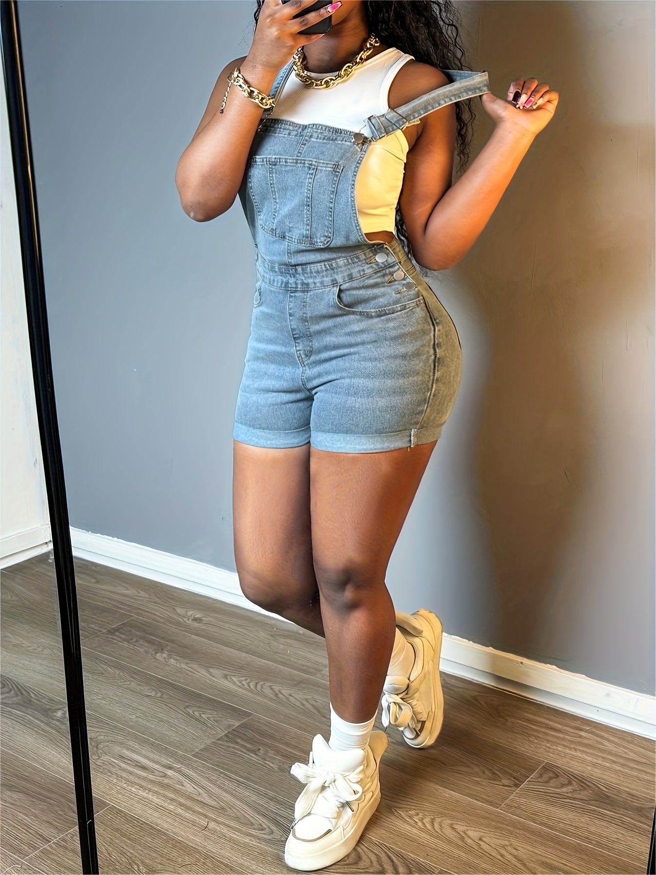 Women Solid Color Slim-fit Jeans Casual Button Trim Denim Romper Pockets Sleeveless Denim Romper