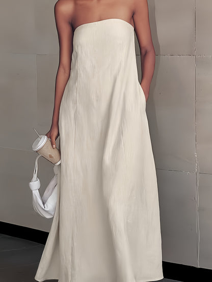Linen Women's High-Waisted Strapless Backless Patchwork Pocket Dress Lightweight Casual Vacation Dress with Smooth Texture, Solid Color Long Dress for Spring Summer