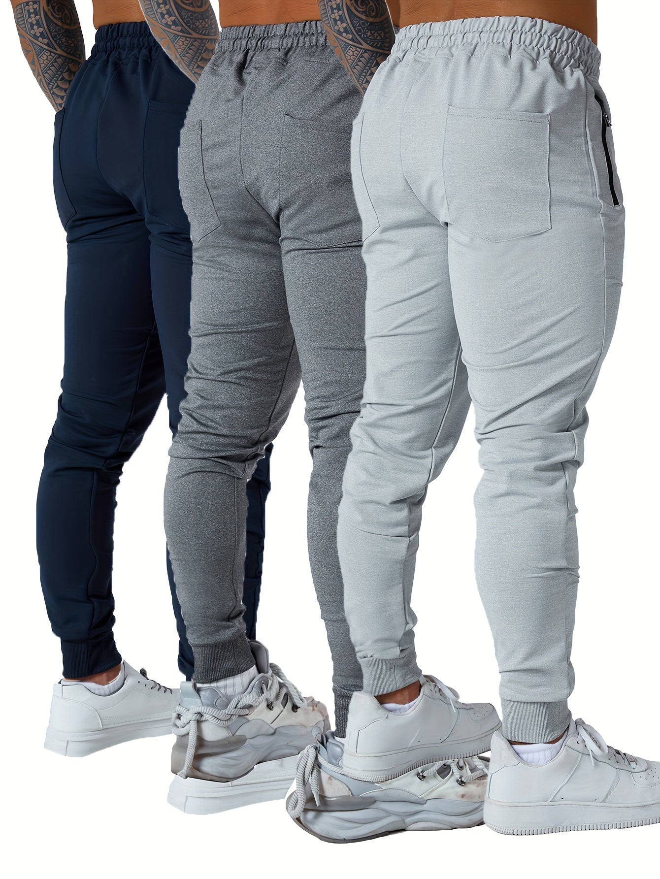 3PCS Men's Sweatpants with Zipper Pockets Tapered Joggers for Men - Athletic Pants for Workout, Jogging, Running - Breathable & Comfortable Fabric - Suitable for Men - Perfect for Fitness Enthusiasts