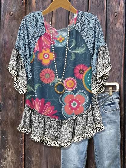 Mixed Floral Print Loose Top, Leopard Print Patchwork, Flared Three-quarter Sleeves, Women's Clothing