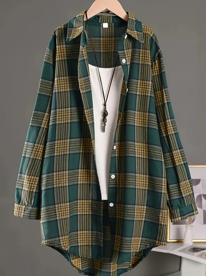 New Women's Loose Fit Mid-Length Plaid Shirt for All Seasons 2025, Versatile for Commuting, Casual Daily Wear, and Suitable for Holiday Parties and Outings