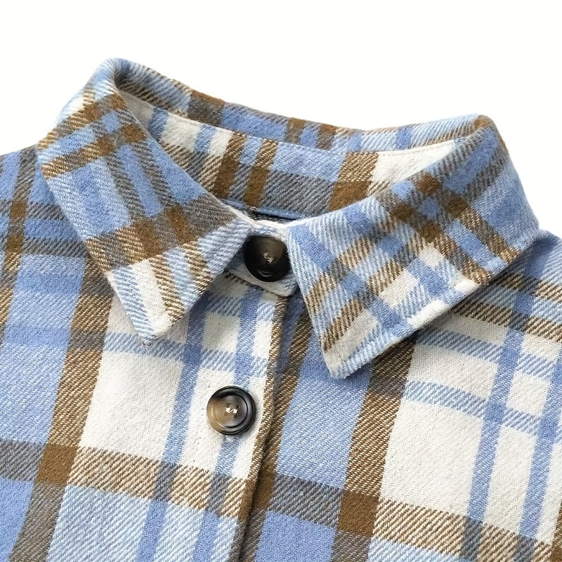Women's Casual Flannel Plaid Shacket Button Long Sleeve Shirt Jacket Coats with Pockets