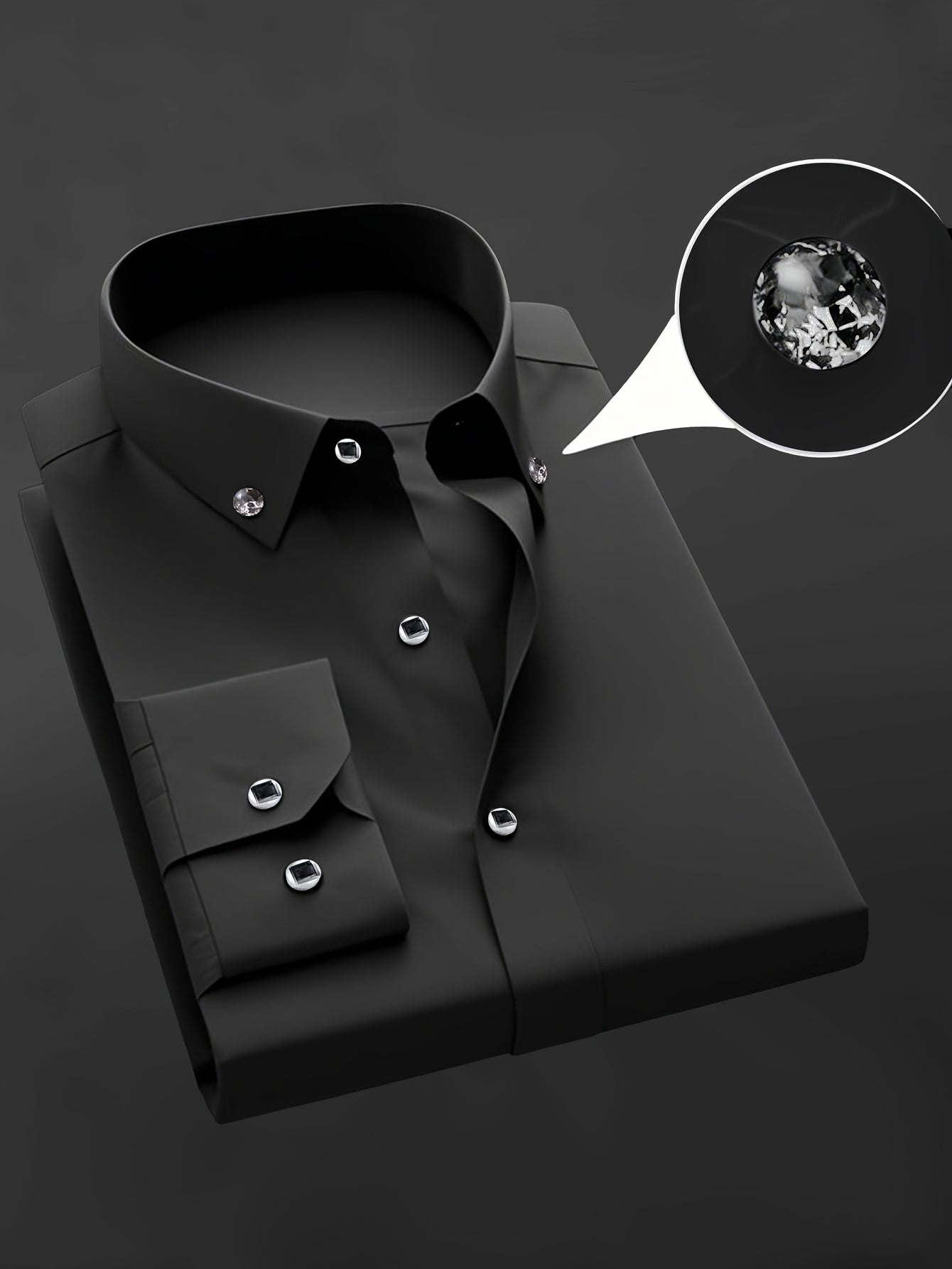 Men's Non-Iron Business Shirt Long Sleeve with Diamond Buttons& Button- Collar | Wrinkle-Free Stretch Polyester | Office Work Shirt in White& Black