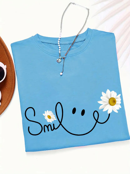 Plus Size Women's Light Blue Smiling Daisy & Smile Letter Print T-Shirt - Soft Breathable Short Sleeve Round Neck Top, Casual Spring Summer Blouse with White Daisies & joyful Face Design, Machine Washable Casual Attire for Parties & Picnic