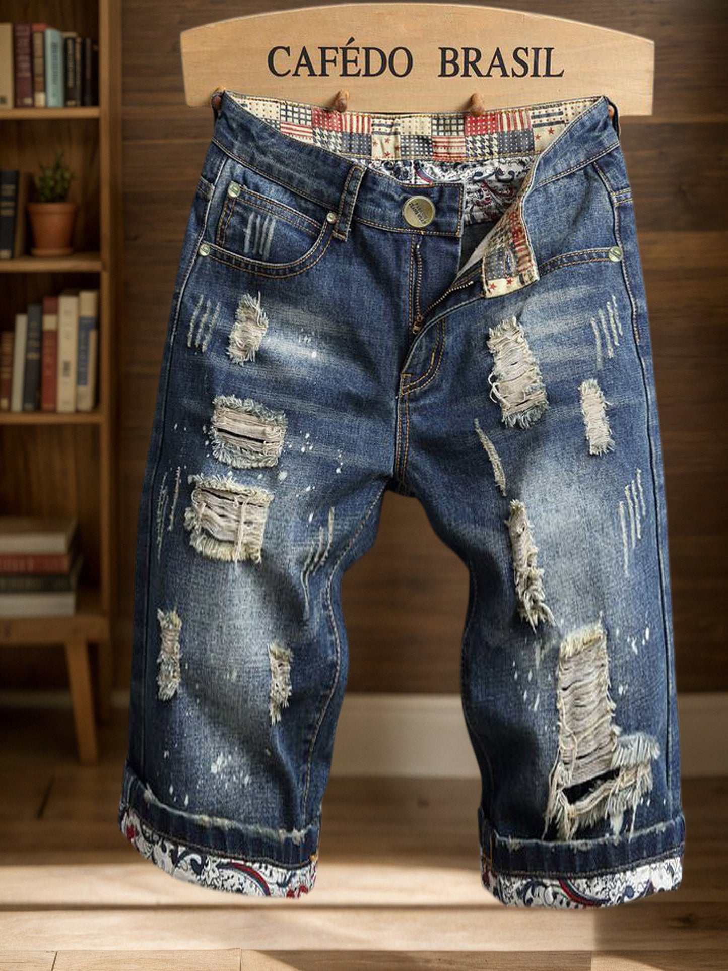 Men'S Ripped Jeans Distressed Ripped Slim Straight-Leg Jeans Stylish Shorts Trendy Loose-Fitting Ripped Straight-Leg Mid-Calf Pants Men Slim-Fit Jeans Durable Fabric