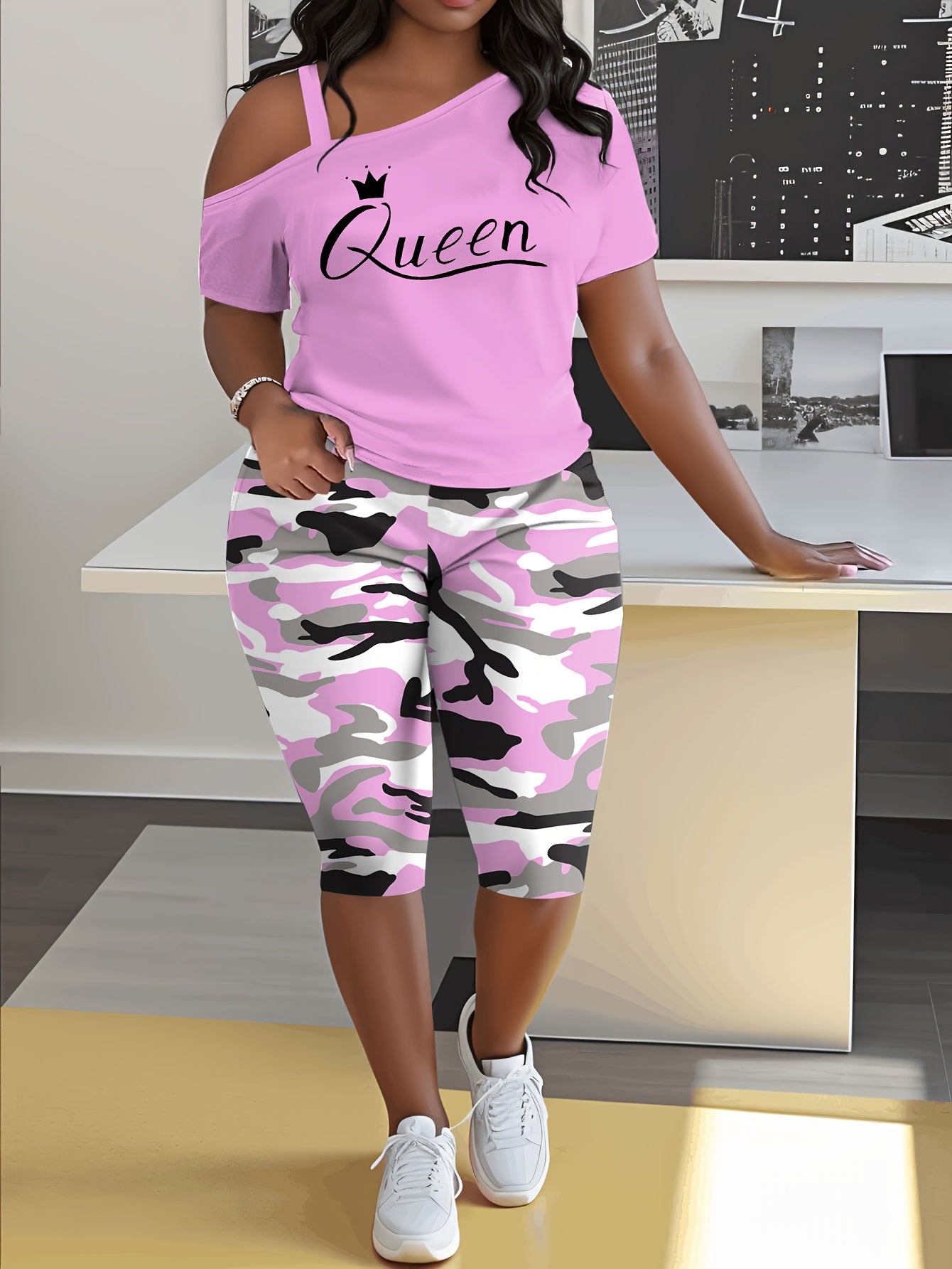 Plus Size - Ladies Plus Size Daily Casual One-Shoulder Short Sleeve Two-Piece Outfit, Diagonal Shoulder Design, Slim Fit Camouflage Pants Suit With Letter Print.