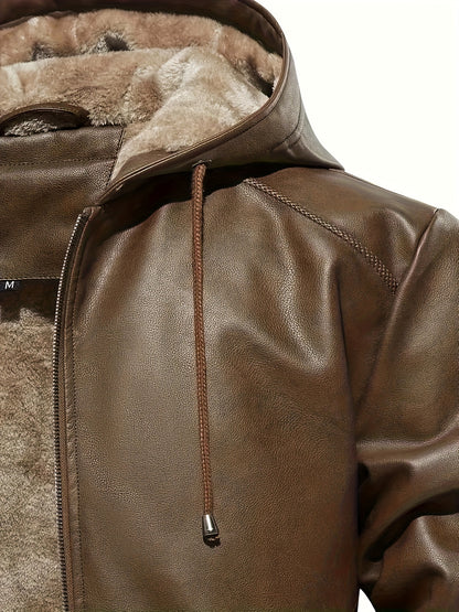 Men's Solid Color PU Faux-Leather Hooded Jackets, Trendy Thick Jacket for Spring Autumn