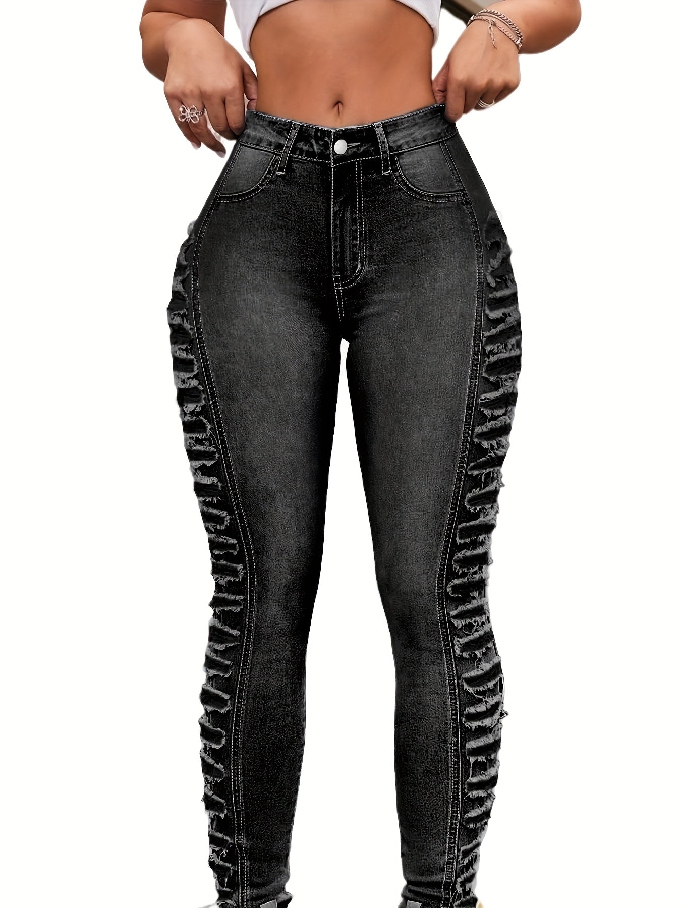 Extra Large Size Blue Jeans | High Waist Elastic Tight Hip Lifting Sexy Pencil Pants, Ripped Details, All-season, Machine Washable, Comfortable Fabric, Fashionable and Casual