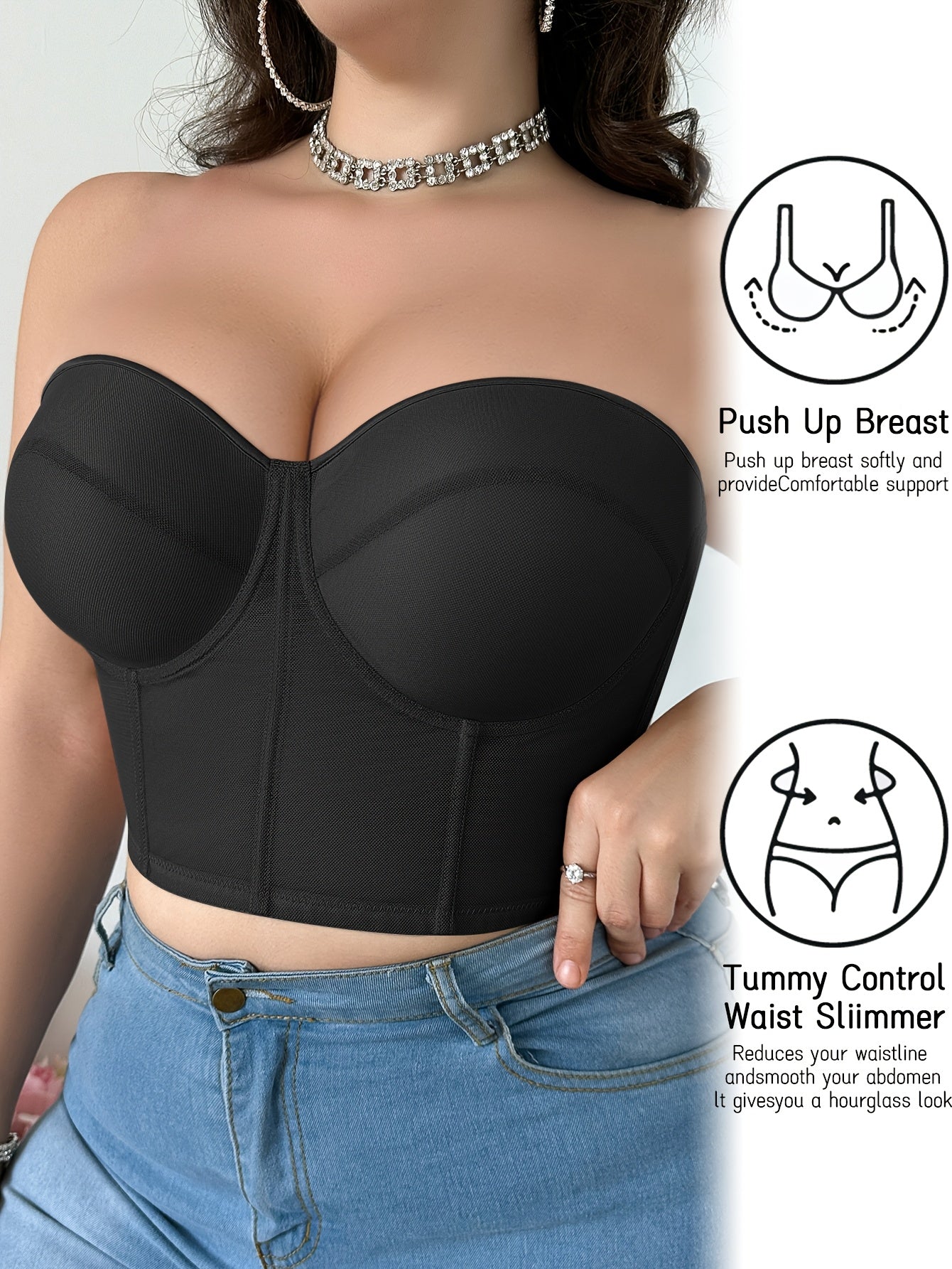 Plus Size Women's Underwire Strapless Push-Up Bra - Adjustable Thin Cup, Breathable Support with Tummy Control & Waist Slimmer, Push-Up Breast Support & Comfortable Shaping Camisole for Everyday Elegant Fit, Underwire Support, Durable Underwire