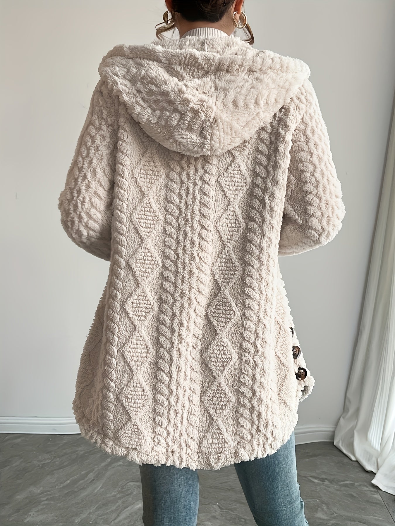 Hooded Fuzzy Coat Mid-Length Jacket with Buttons Soft Warm Winter Fall Outfits 5 Colors