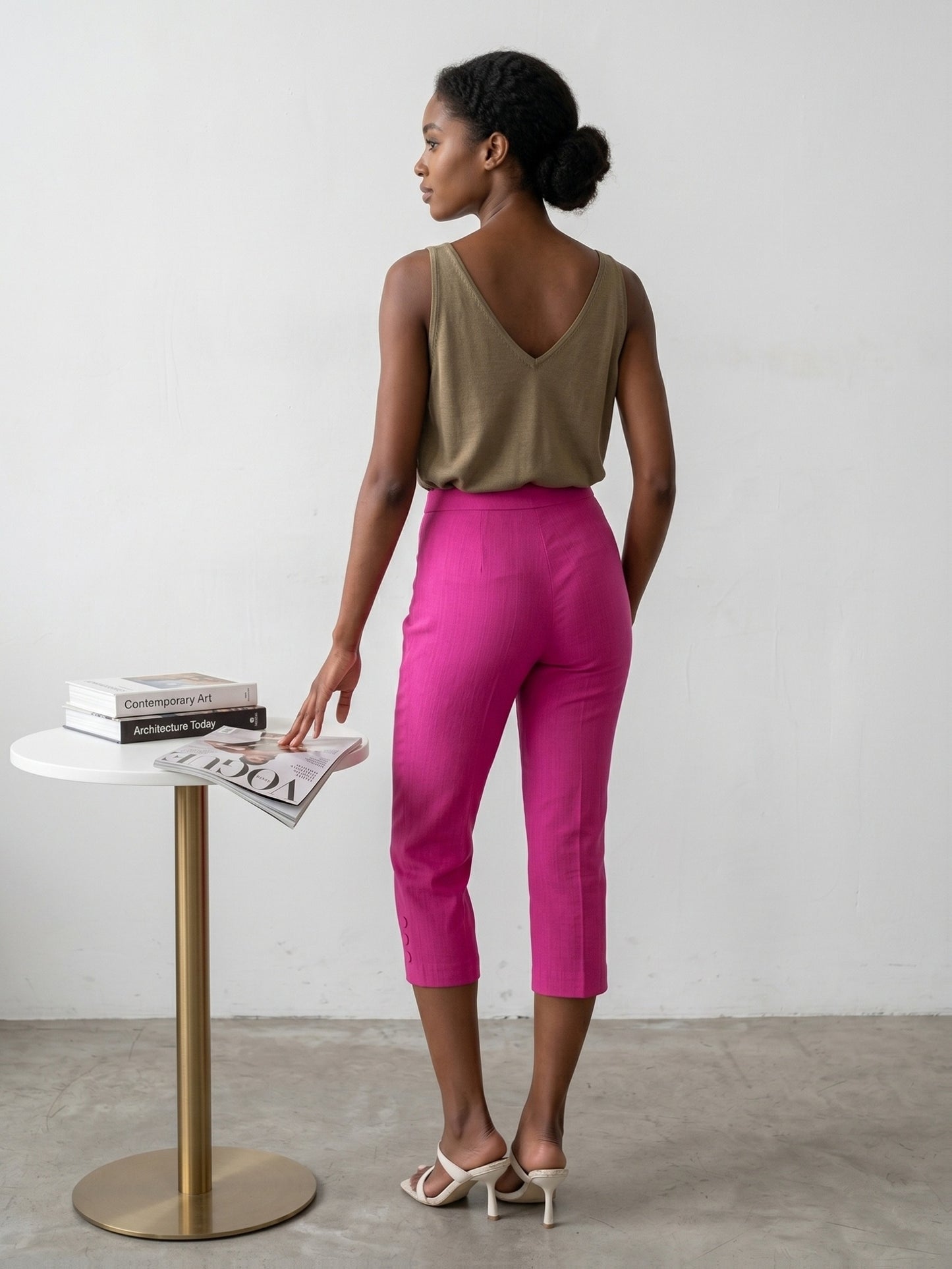 Women'S High-waisted Slim-fitting Capri Pants, Suitable For, Work And Daily Wear, With Pockets
