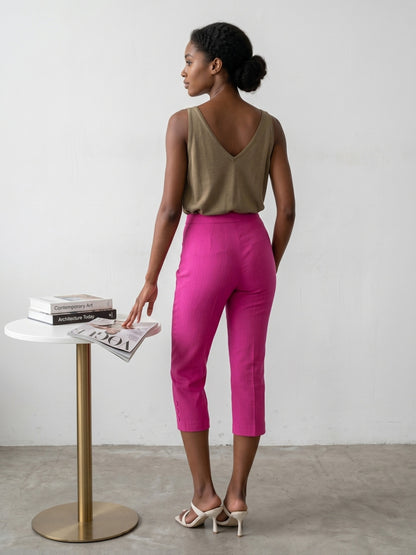 Women'S High-waisted Slim-fitting Capri Pants, Suitable For, Work And Daily Wear, With Pockets