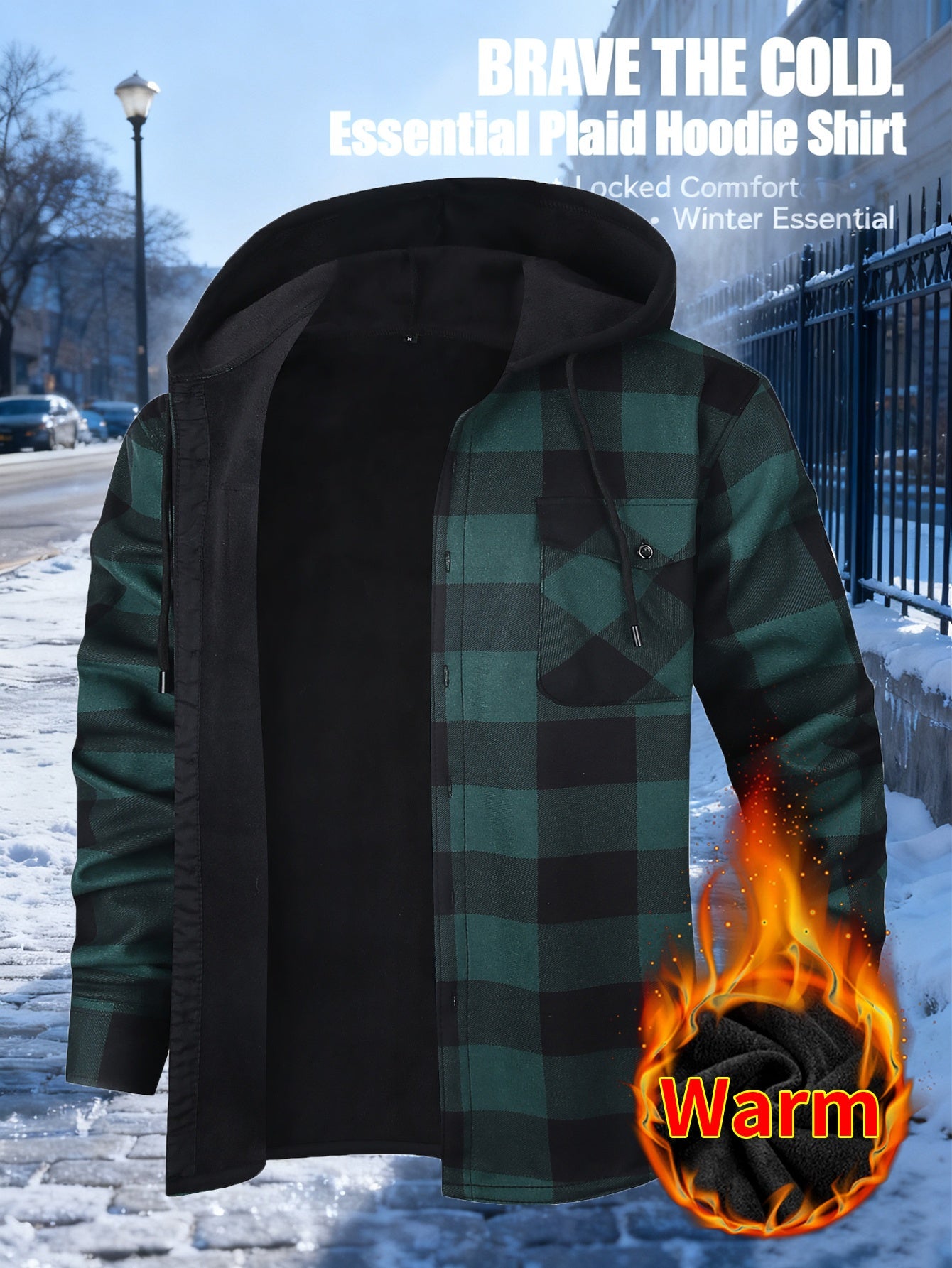 Men'S Plaid Hooded Shacket with Fleece Lining for The Fall And Winter Months | Comfortable Long-Sleeve Shirt Jacket Featuring Front Pockets | Ideal for Street Style And Outdoor Commuting | Fashionable Thick Lining for Cold Weather