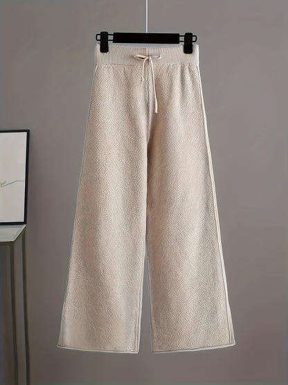 Y08 Women's 2pcs Elegant Casual Outfit, Long Sleeve Crew Neck Top & Loose Pants, Solid Color, Regular Cuffs, All-Season Wear, Multiple Colors Available