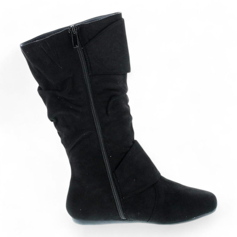 Women's Closed Round Toe Buckle Slouch Flat Heel Mid-Calf Boot