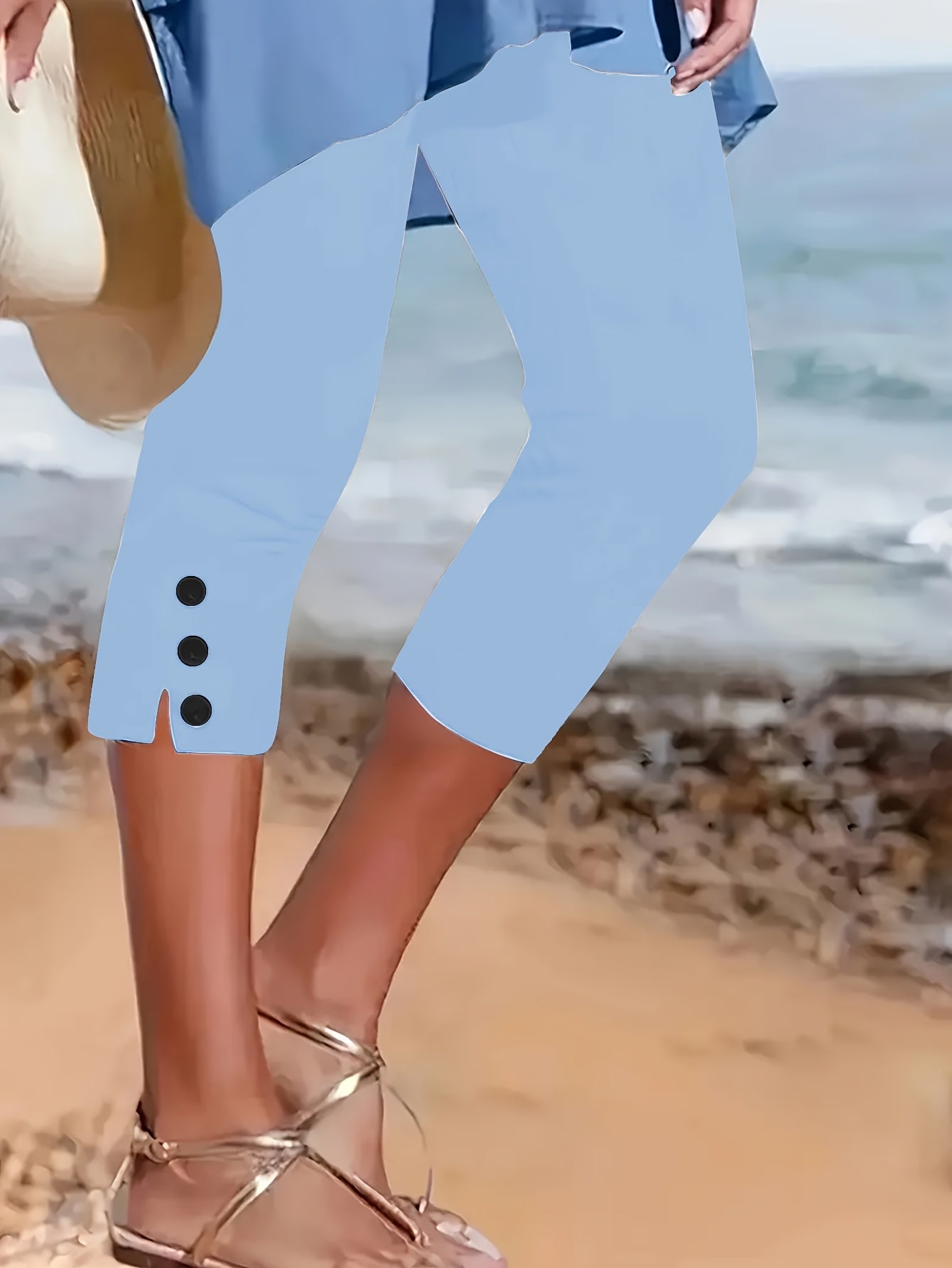 2pcs Women's Stylish Solid Color Capri Pants with Button Details - Medium Elasticity, Machine Washable, All-Season Casual Wear for Adults, Comfortable Leisurewear | Sleek Capri Leggings