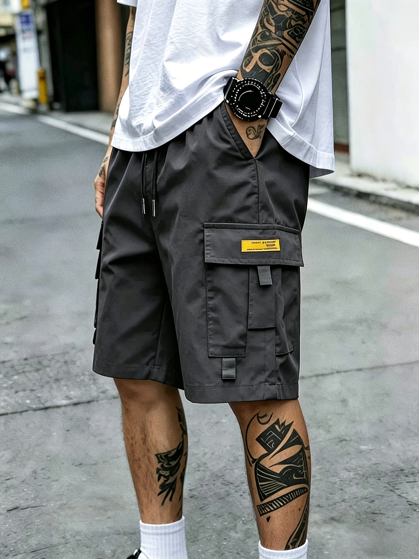 3PcsMen's Gray Cargo Shorts Drawstring Waist Loose Fit Multi-Pocket Lightweight Summer Casual Shorts, Men's Streetwear Outdoor Daily Bottoms
