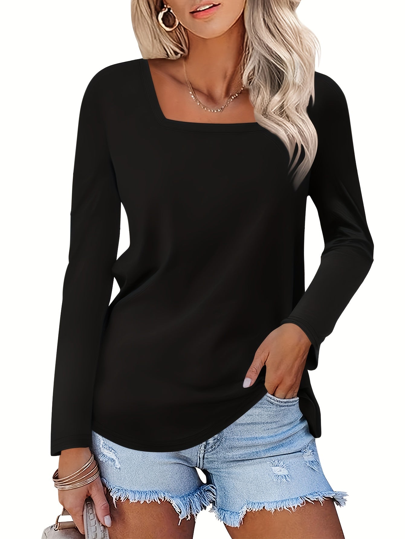 Three-piece Women's Casual Summer Top, 3/4 Sleeve Basic Elegant Square Neck Fashion T-shirt