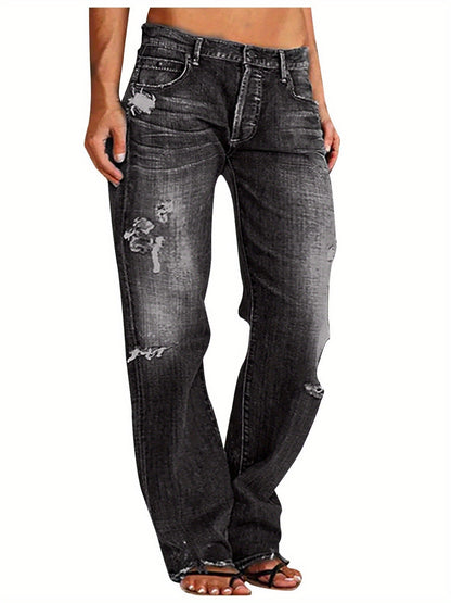 1 Women's Ripped Flare Wide Leg Slightly Stretchy Jeans - Fashion Distressed Casual Streetwear - US Size XS-XXL
