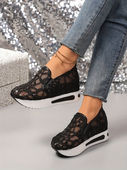 Women'S Chic Black Sequin Mesh Sneakers - Breathable, Casual Sneakers, Lightweight EVA Sole, Women Shoes
