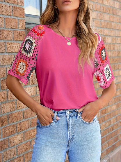 White Floral Crochet Short Sleeve Top