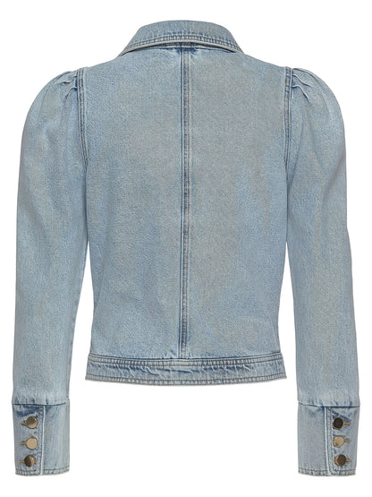 Women's Elegant French Romantic Denim Jacket with Puff Sleeves - Light Blue Button-Front Coat, Regular Fit Long Sleeve for Autumn/Winter, Valentine's Day & Special Occasions, Denim Jacket Women, Denim Jacket for Women, Stylish Denim Jacket Women