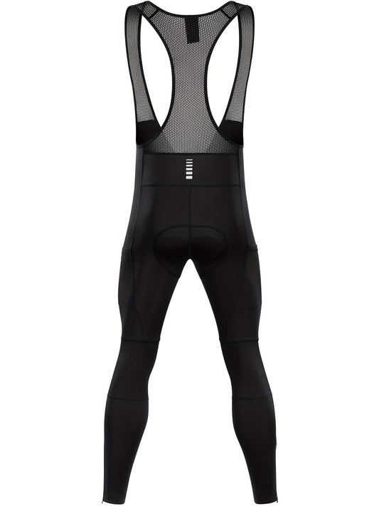 QUALICOS Men'S Insulated Cycling Bib Tights - Cold Weather Pants Featuring Fleece Lining, Shock-Absorbing Padding, Stretchy Mesh Material, Side Pockets & Ankle Zippers - Form-Fitting Bike Leggings for Winter Cycling, Running, And Commuting - Black
