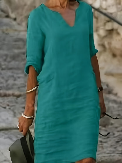 [Stylish Linen Dress] Autumn Linen Dress With A Small V-Neck, Featuring A Stylish And Elegant Look. It Has A Retro, Simple And Solid Color Design, And Comes With Three-Quarter Sleeves