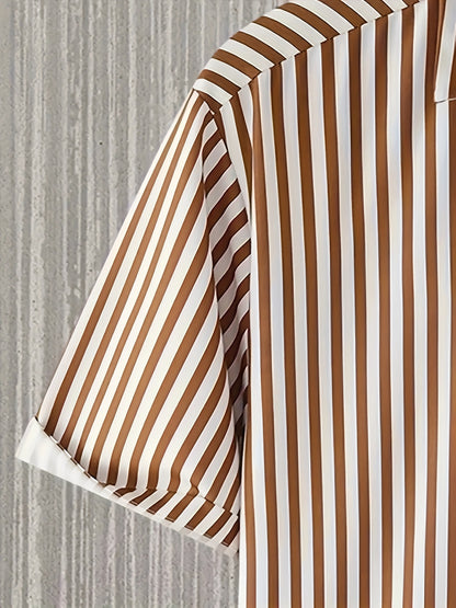 2pcs Men'S Casual Summer Outfit Set, Striped Short Sleeve Button Up Lapel Shirt Top & Solid Drawstring Shorts With Pockets For Casual Daily Wear And Holiday Resorts