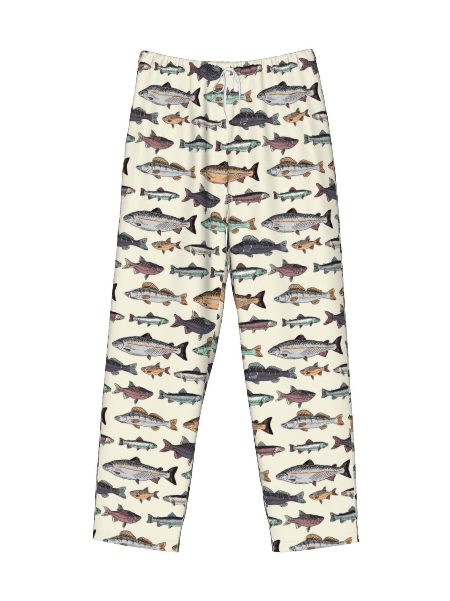 Different Species of Fish Pattern Mens Fleece Pajama Pants, Warm Lounge Pj Bottoms for Men with Pockets Soft