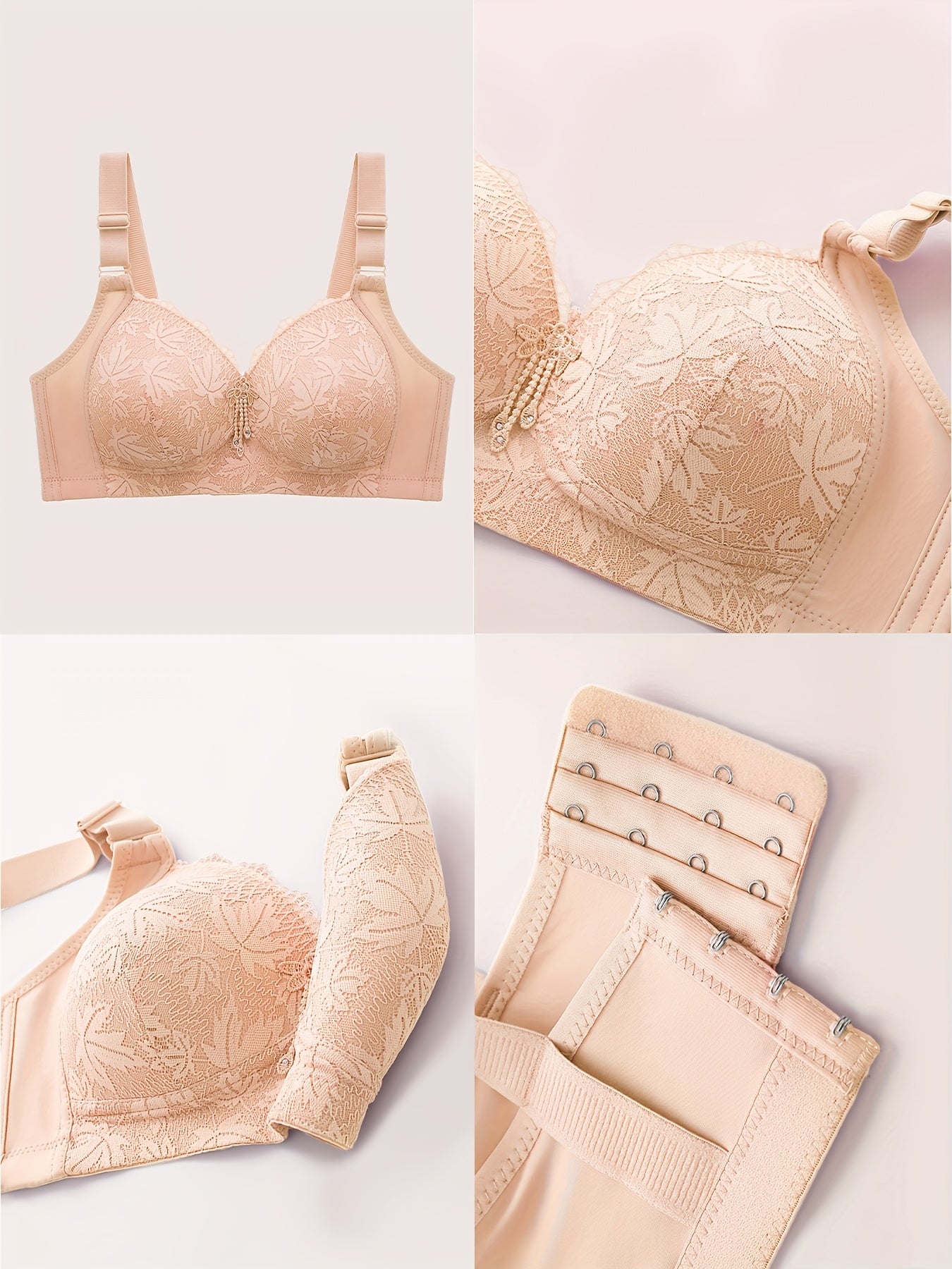 5pcs Pink Lace Full-Cup Wire-Free Bras - Medium Support, Comfortable Wide Straps, Leaf Pattern Embroidery & Elegant Rhinestone Accents, Adjustable Straps