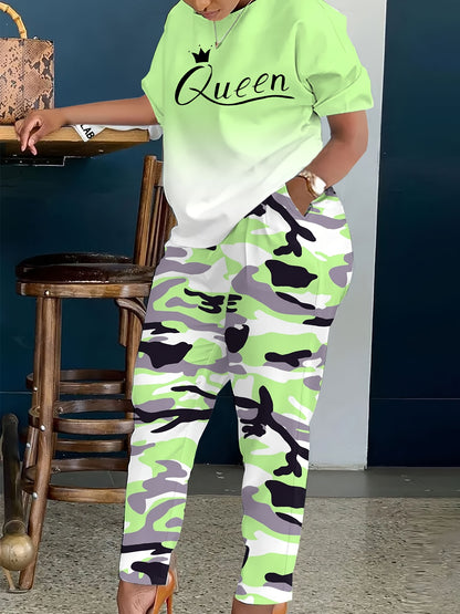 Plus Size - LADIES' Plus Size Daily Fashion Casual Set: Letter Print Crew Neck Short Sleeve T-shirt + Camouflage Long Pants With Pockets