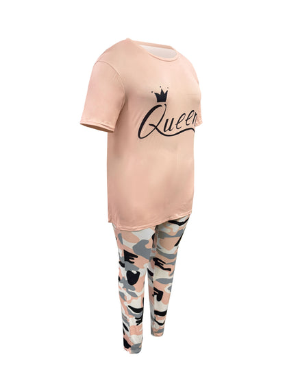 Plus Size - LADIES' Plus Size Daily Fashion Casual Set: Letter Print Crew Neck Short Sleeve T-shirt + Camouflage Long Pants With Pockets