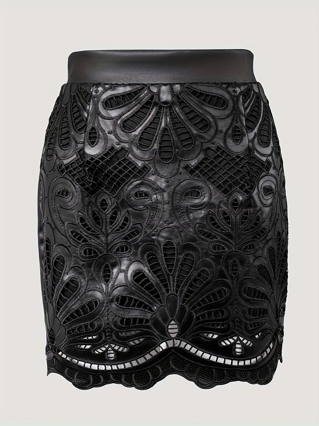 PU Leather Hollow-out Pattern Zipper Back Bodycon Skirt