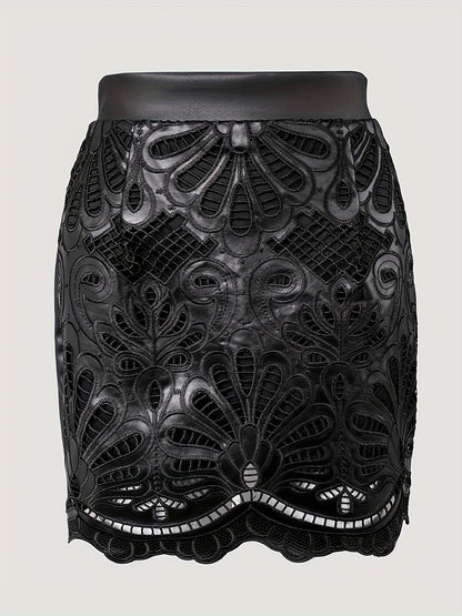 PU Leather Hollow-out Pattern Zipper Back Bodycon Skirt