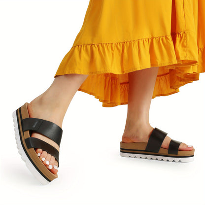 Women'S Platform Slides Sandals with Arch Support, Comfortable Beach Slip-on Flat Sandals, Casual 2-Strap Cork Cushion Wedges for Women Fashion Shoes Quick On and Off Suitable for different occasions