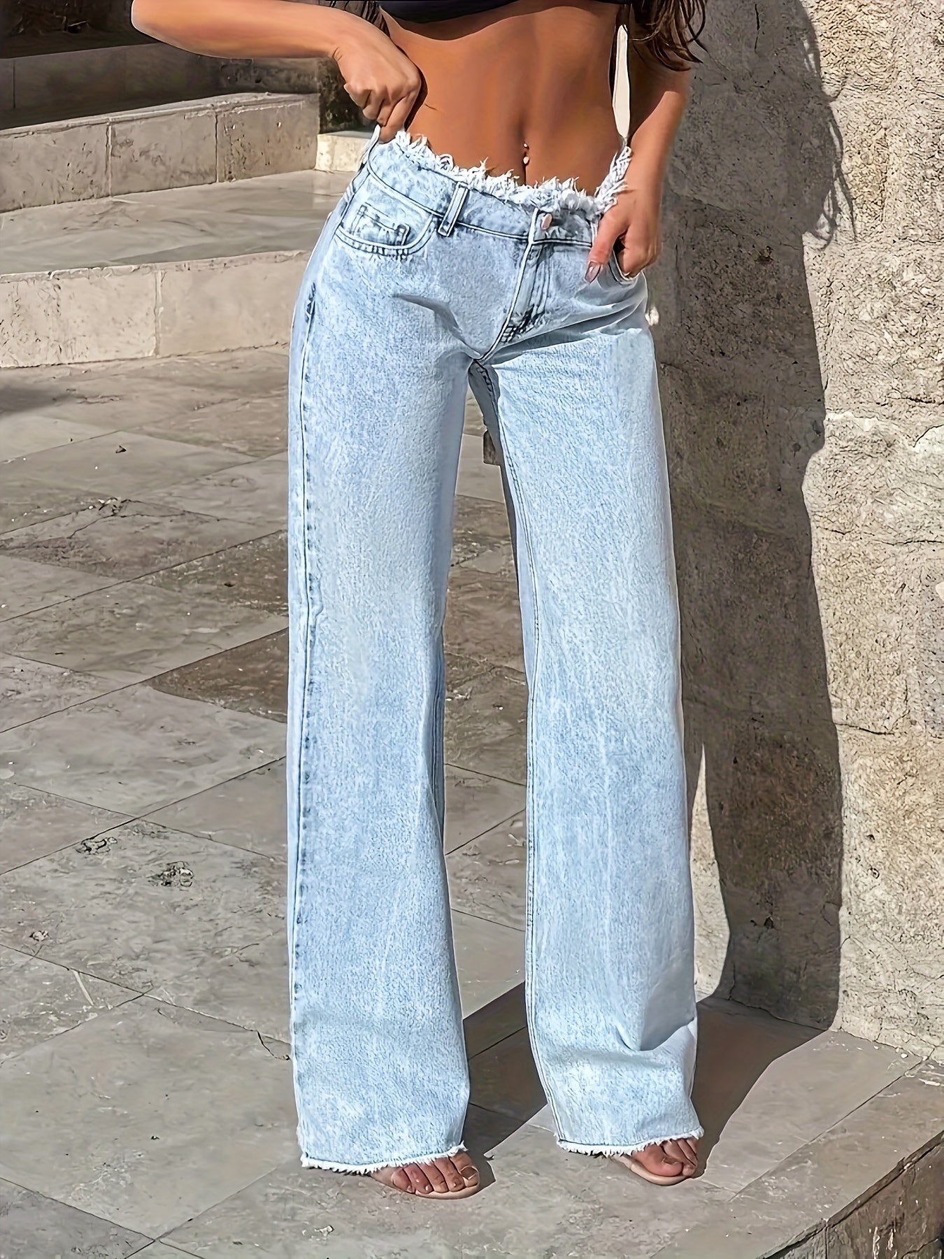 1pc Women'S Light Blue Wide Leg Jeans with Frayed Hem - Loose Fit Denim Pants for Spring Summer Fall, Casual Chic Machine-Washable Non-Stretch Jeans, Fall Fashion Wear, Durable Fabric Jeans, Street Style, Sturdy Construction, Trendy Style