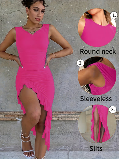 A-Line Fish-Tail Dress for Women | No Sleeves, Round Neck, Side Pleated Lace Opening | Ideal for Casual Outfits in Spring And Summer