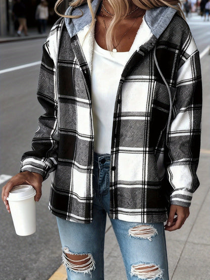Plaid Hooded Jacket for Women Featuring a Lining, Perfect for Chilly Fall And Winter Days. It Has an Adjustable Hood And a Button-Front Closure, And Is Machine Washable. Available in Brown, Beige, White, And Black