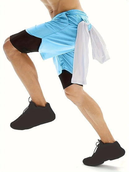 3pcs Men's 2-in-1 Double-layer Shorts with Inner Pocket, High Stretch Sports Shorts, Suitable for Summer Running, Gym Exercise And Training