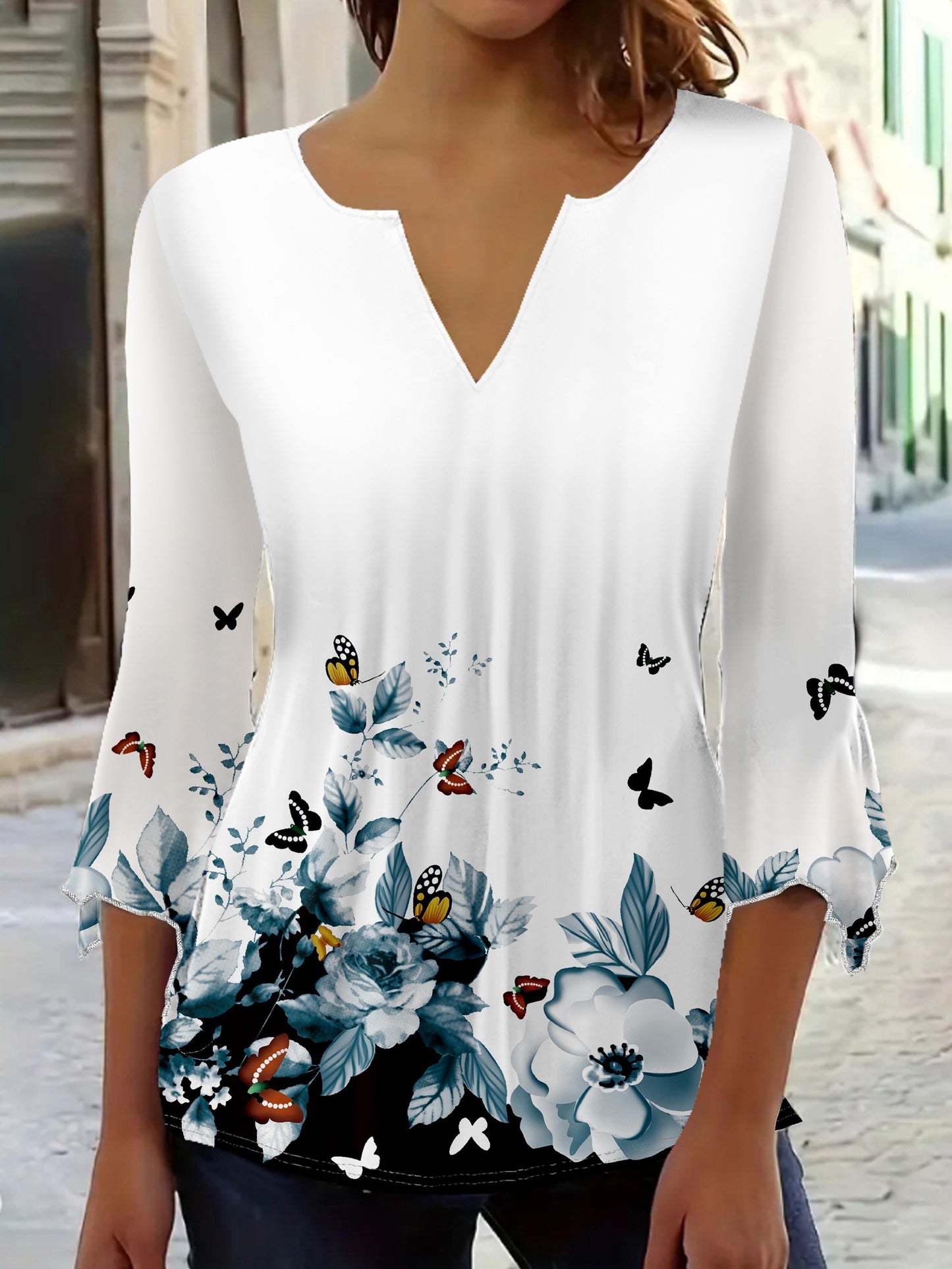 Elegant Butterfly & Floral Print V-Neck Top - Polyester, Machine Washable - Perfect for All Seasons