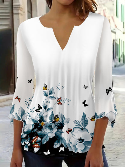 Elegant Butterfly & Floral Print V-Neck Top - Polyester, Machine Washable - Perfect for All Seasons